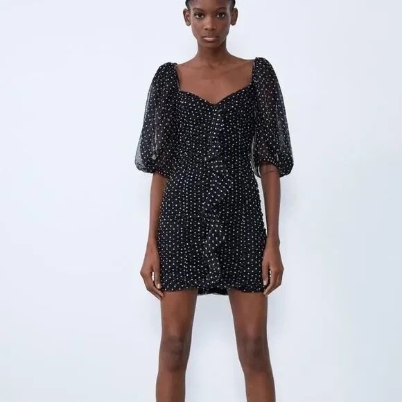 ZARA Chiffon Black Polka Dot Ruched Mini Dress Black Gray Party Blogger Small - Picture 14 of 16